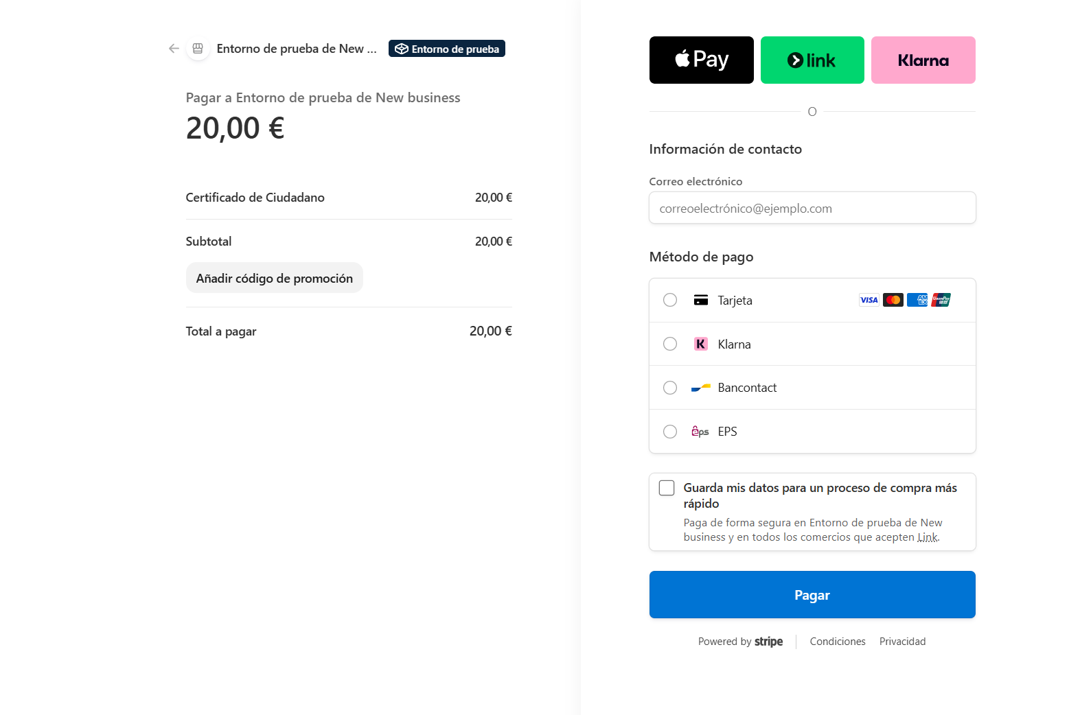 Checkout de pago con Stripe