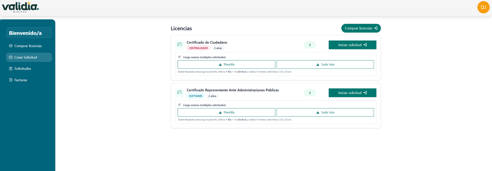 Gestión de licencias y carga masiva